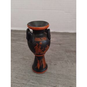 Roman Greek Scene Orange & Black 3 1/4" Miniature Vase ff 1983 Crafted in Japan